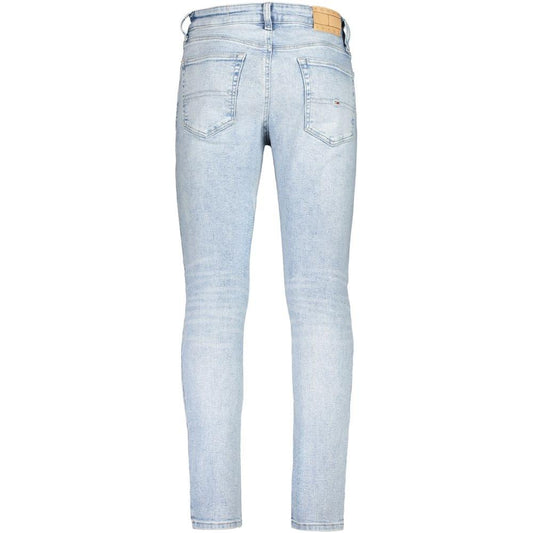 Tommy Hilfiger light blue slim tapered men's jeans with washed effect and logo, back view showcasing design and fit.