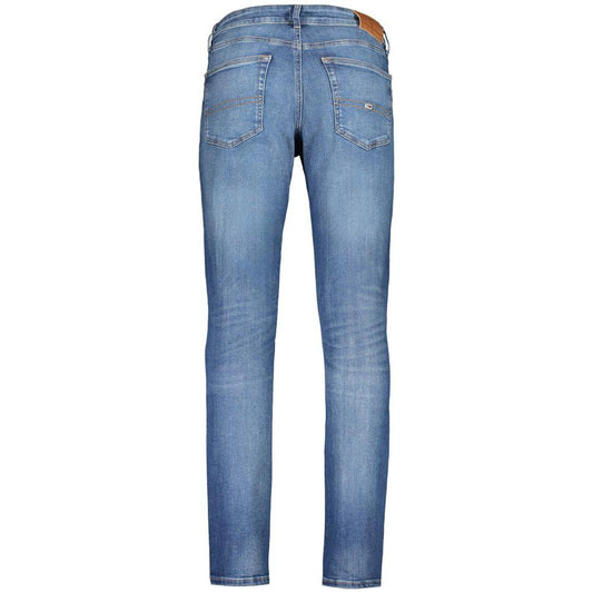 Back view of Tommy Hilfiger blue slim jeans in organic cotton with washed effect, five pockets, button, and zip closure.