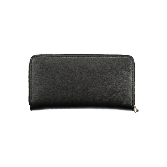 Tommy Hilfiger black polyethylene women's wallet with zip closure and logo, featuring multiple compartments for cards, coins, and cash.