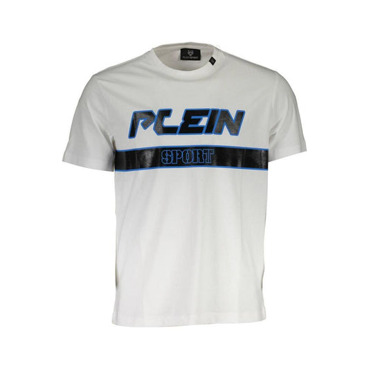 Plein Sport white cotton men's t-shirt with bold logo design, showcasing athletic elegance and fashion-forward style.