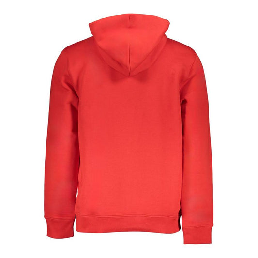 Back view of Tommy Hilfiger red cotton hoodie, features long sleeves, hood, central pocket, with logo application.