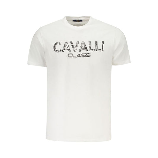 Cavalli Class white cotton men's T-shirt with bold print and logo, perfect for a sophisticated wardrobe upgrade.