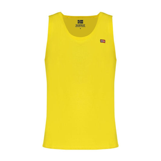 Norway 1963 yellow cotton tank top with wide shoulders, crew neck, embroidery, and logo.