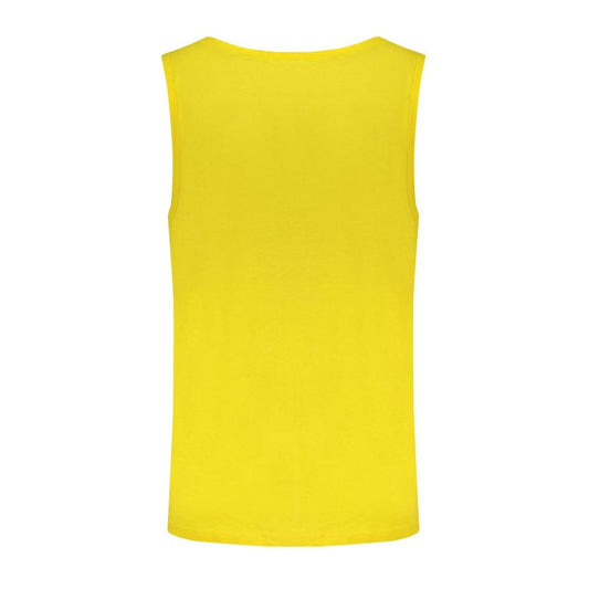 Back view of yellow Norway 1963 cotton tank top with wide shoulders, crew neck, and embroidery logo