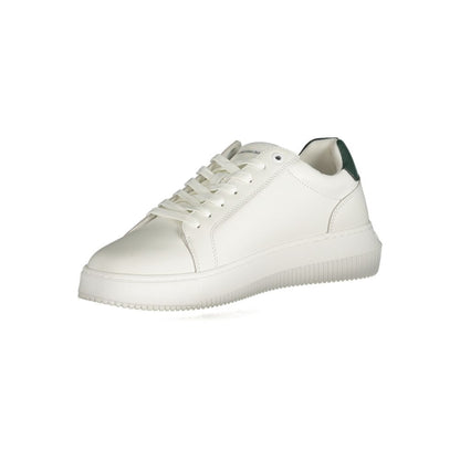 Calvin Klein White Polyester Sneaker with laces, featuring contrasting details, logo, and recycled thermoplastic rubber sole.