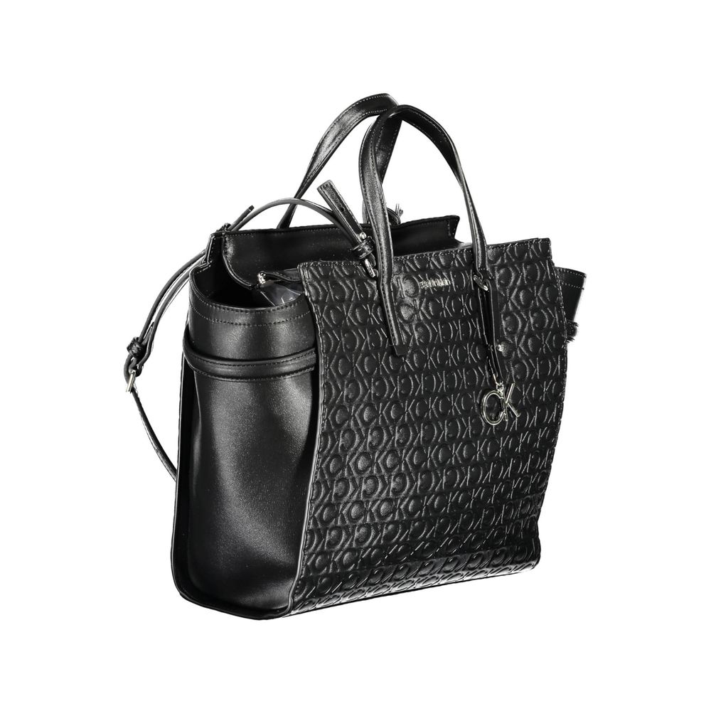 Calvin Klein Black Polyester Women Handbag with adjustable shoulder strap, eco-friendly design, two handles, and stylish black pattern.