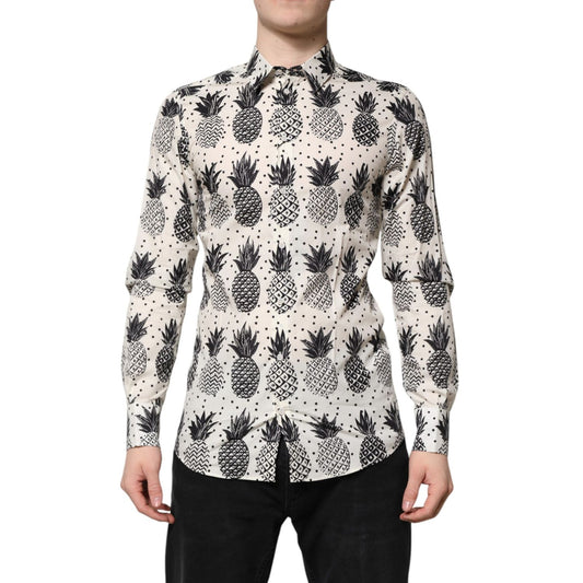Dolce & Gabbana White Pineapple Print Long Sleeve GOLD Shirt