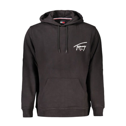Tommy Hilfiger Black Cotton Men Sweater with logo, hood, and central pocket, crafted from 95% regenerative cotton for urban chic style.