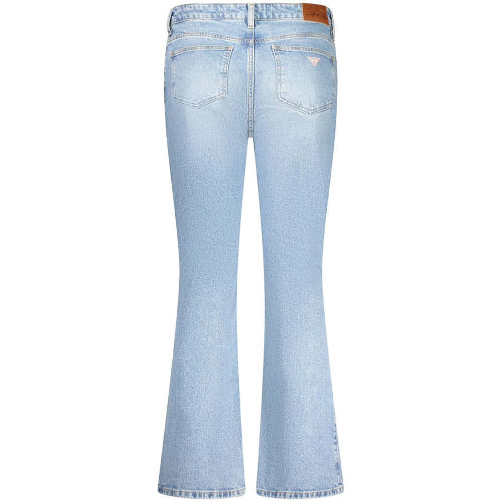 Guess Jeans Blue Cotton Women Jeans, stylish bootcut with washed effect, five-pocket design, and brand logo, back view.
