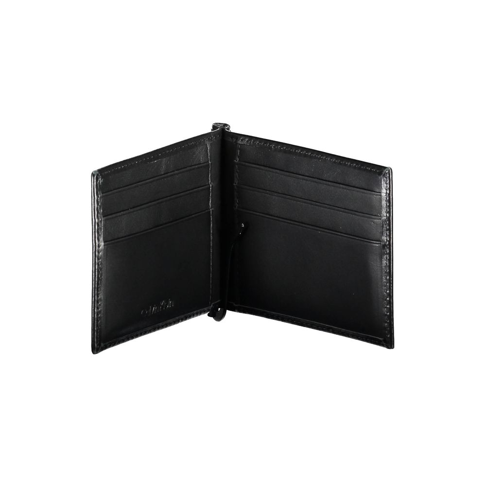 Calvin Klein Black Leather Men Wallet featuring RFID blocking, money clip, and card slots for secure organization and modern style.