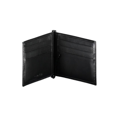 Calvin Klein Black Leather Men Wallet featuring RFID blocking, money clip, and card slots for secure organization and modern style.