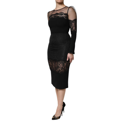 Dolce & Gabbana Black Lace Trim Nylon Tulle Sheath Midi Dress