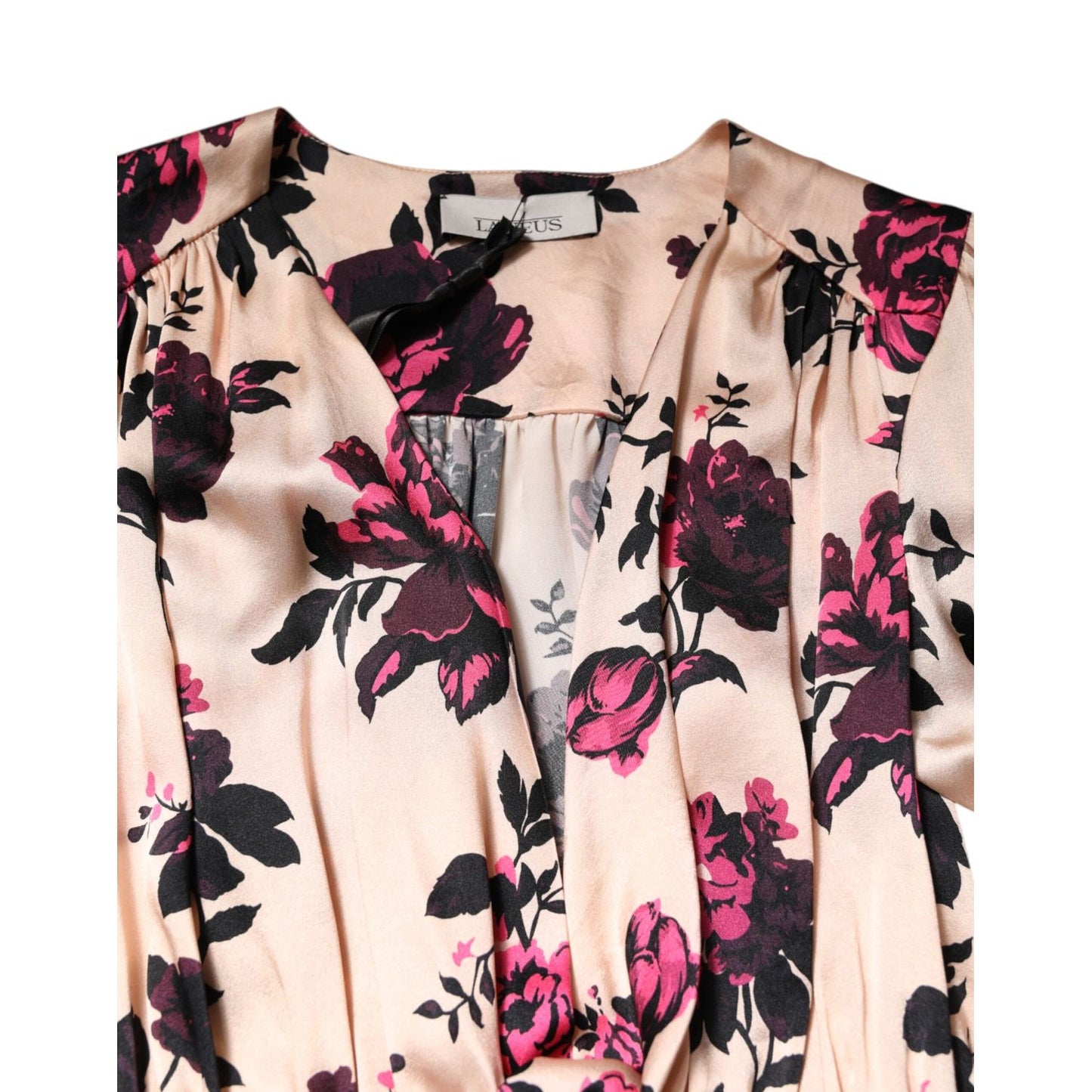 Laneus Pink Floral Silk Long Sleeves V-neck Ruched Mini Dress