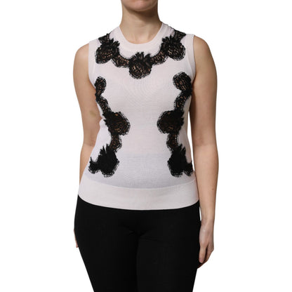 Dolce & Gabbana White Cashmere Floral Lace Detailing Tank Top
