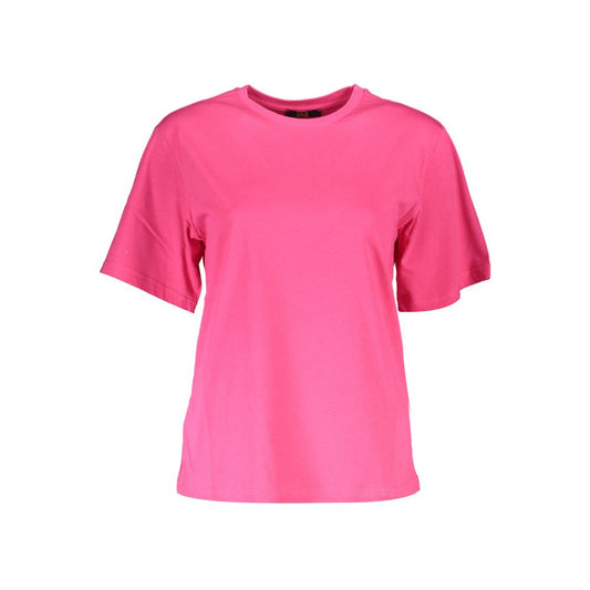 Cavalli Class Pink Cotton Women T-Shirt with logo print, fashion-forward slim-fit design, bold style for chic wardrobe