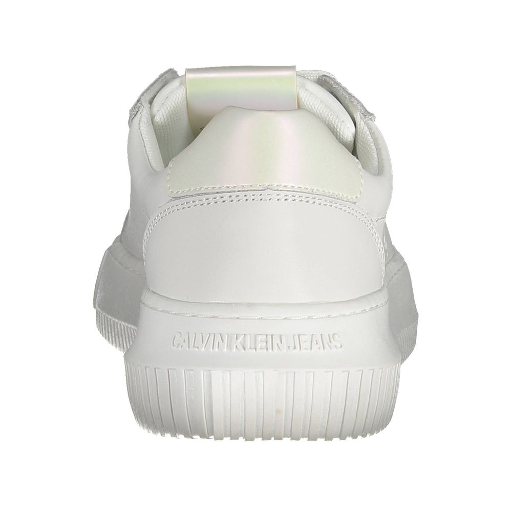 Back view of Calvin Klein White Leather Women Sneaker with logo detailing on sole.