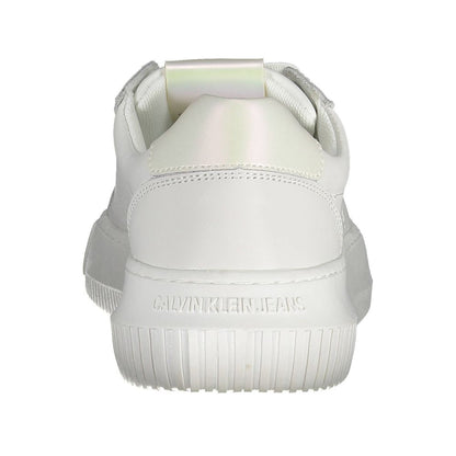 Back view of Calvin Klein White Leather Women Sneaker with logo detailing on sole.