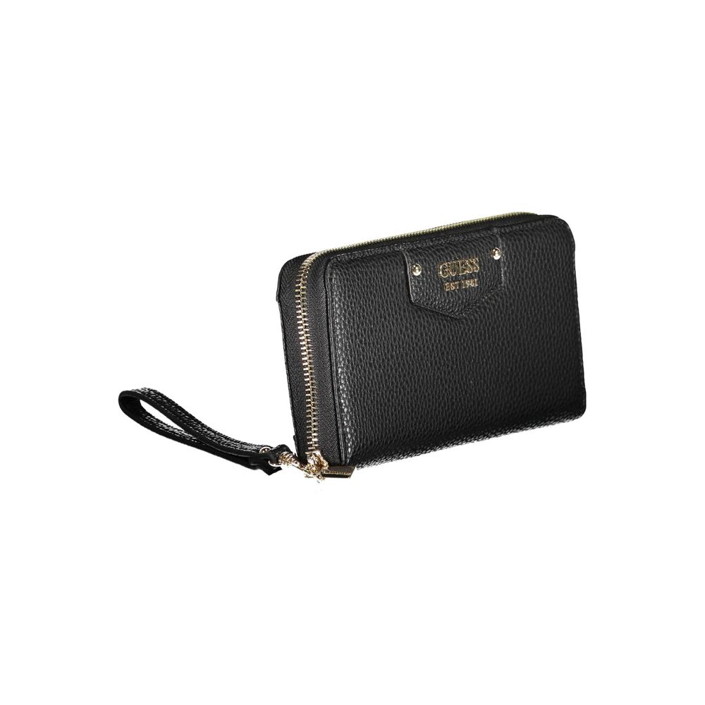 Guess Jeans Black Polyethylene Women Wallet with zip closure and compartments for coins and cards, showcasing sleek sophisticated design.