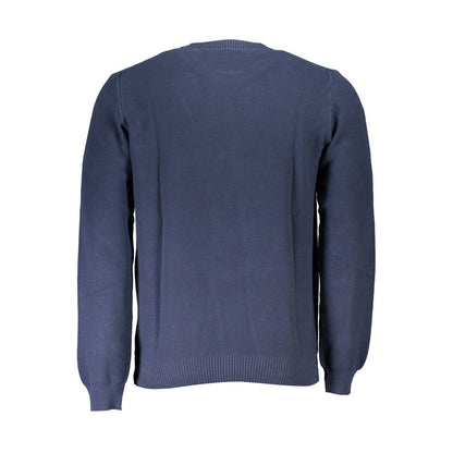 Back view of North Sails Blue Cotton Men Sweater made with organic cotton showcasing simple and sophisticated long-sleeve style.