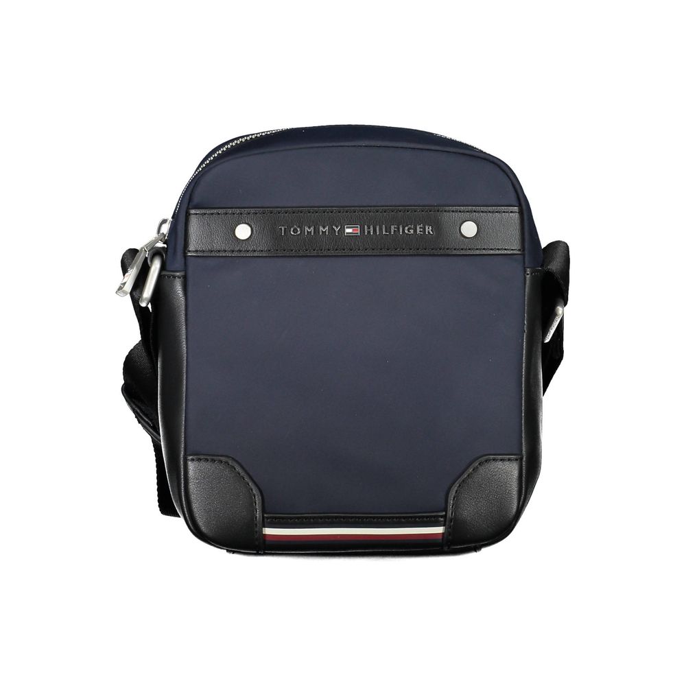 Tommy Hilfiger Blue Polyester Men Shoulder Bag with adjustable strap and zip closure, crafted from recycled materials for eco-friendly style.