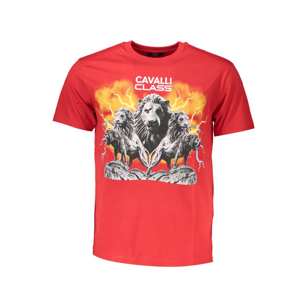 Cavalli Class Red Cotton Men T-Shirt with lion print and iconic logo, short sleeve, crew neck, premium cotton, bold statement fashion.