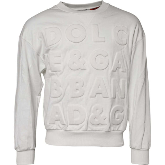 Dolce & Gabbana White Embossed Logo Cotton Crew Neck Sweater