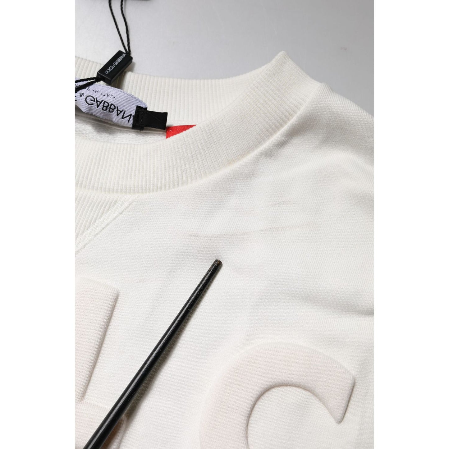 Dolce & Gabbana White Embossed Logo Cotton Crew Neck Sweater