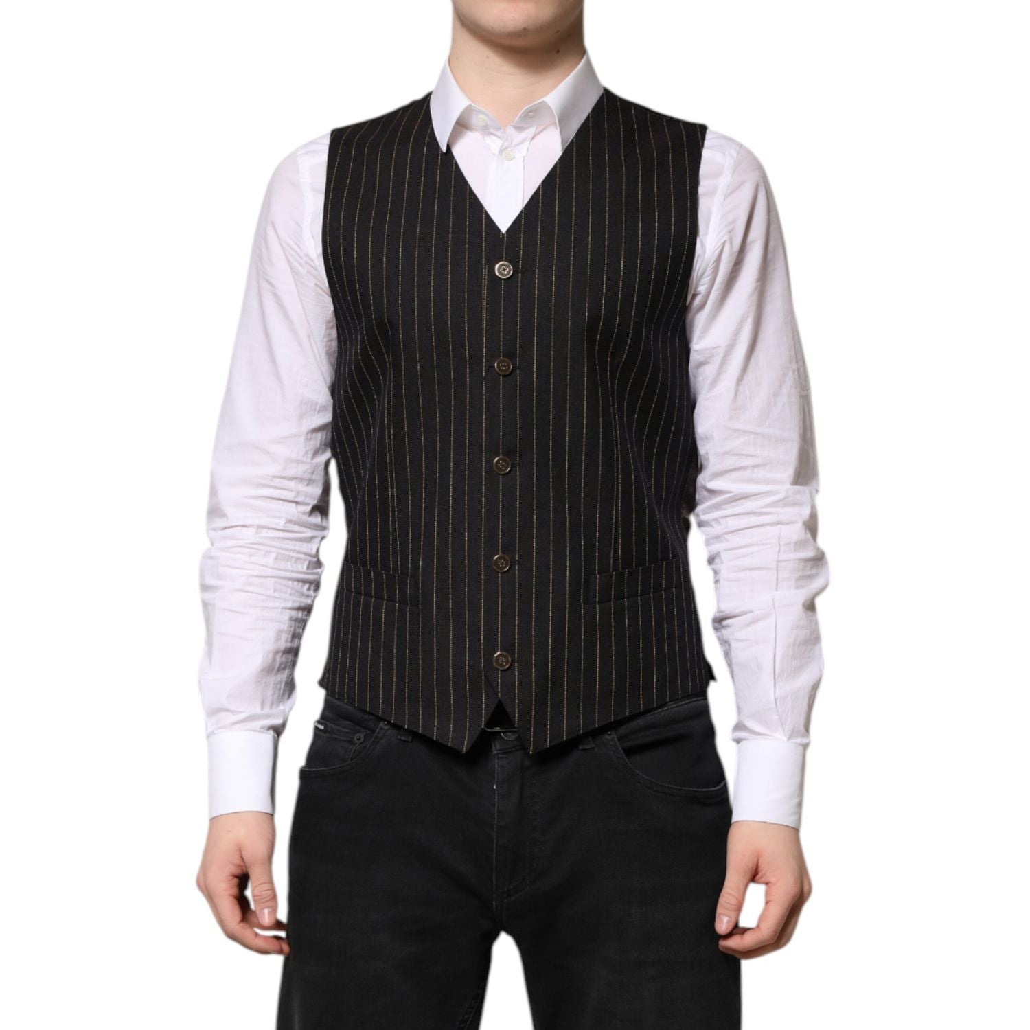 Dolce & Gabbana Black Stripes Wool Formal Men Waistcoat Vest