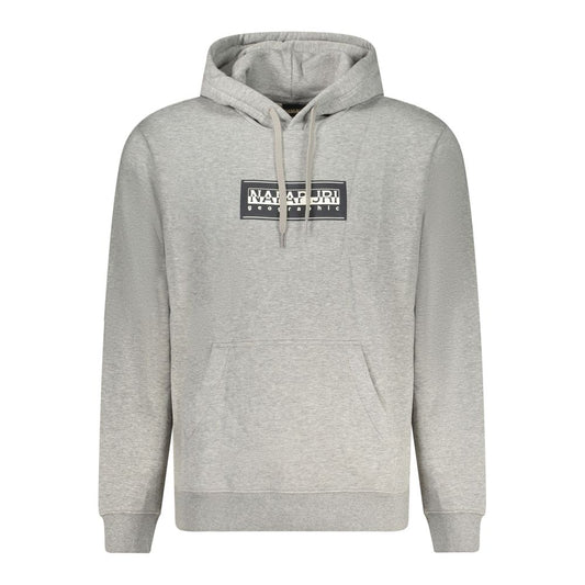 Napapijri Gray Cotton Men Sweater - Long sleeve gray hoodie with central pocket and logo design, combining comfort and style.