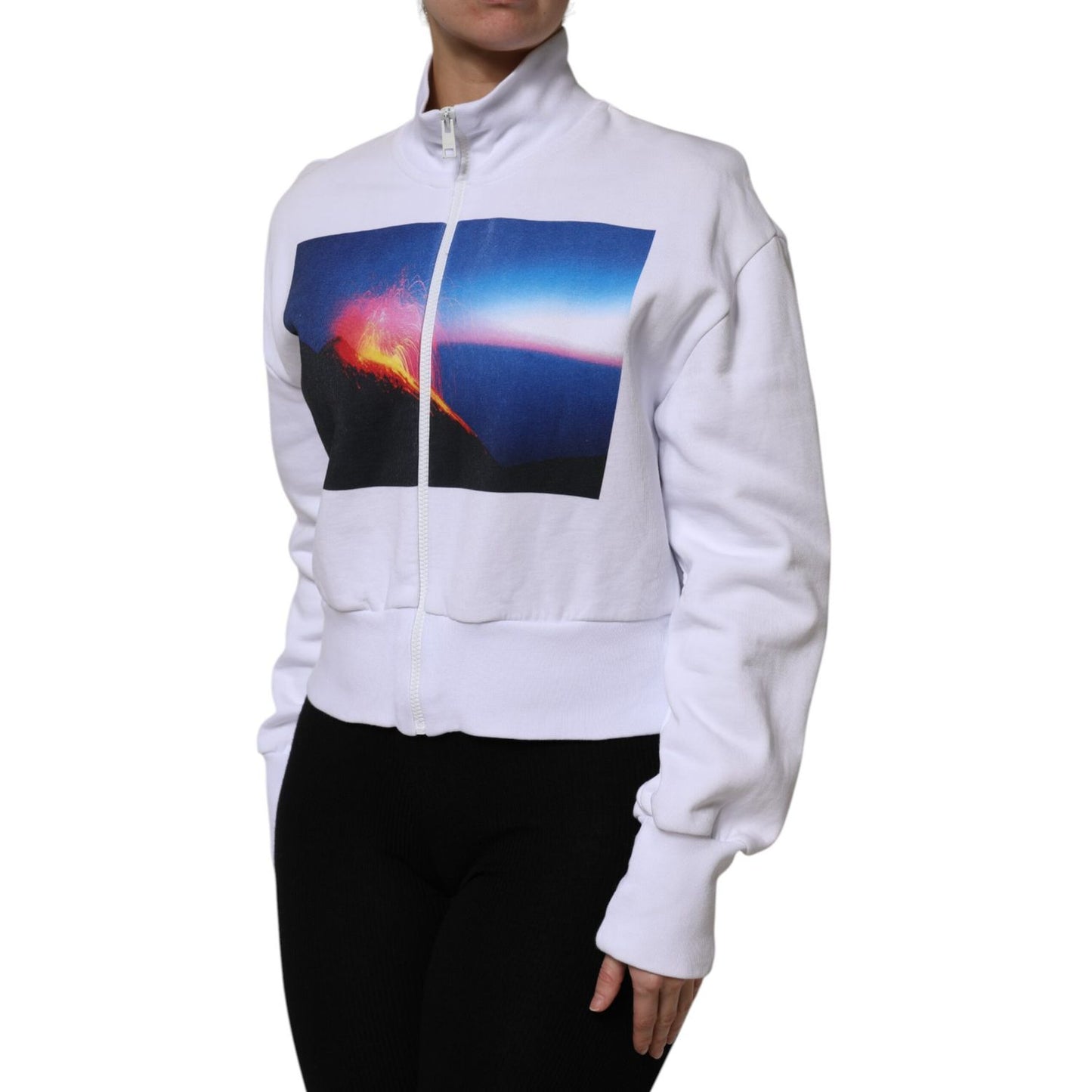 MSGM White Graphic Print Cotton Long Sleeves Full Zip Bomber Jacket
