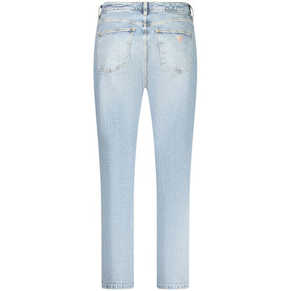 Back view of Guess Jeans Blue Cotton Women Jeans with high-waisted, tapered design and iconic Guess logo.