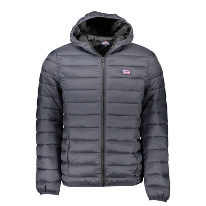 Norway 1963 Black Polyamide Men Jacket with hood, showcasing sleek design and practicality for modern adventurers. Features zip closure and logo.