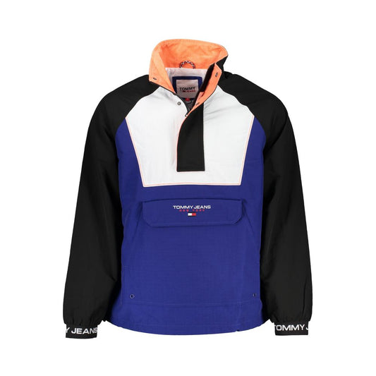 Tommy Hilfiger Blue Polyamide Men Jacket with contrasting details, half-zip, and button closure, showcasing eco-friendly fashion.