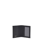 Ferragamo Leather Card Holder with multiple slots and Gancini ornament, open view showing internal compartments, black design.