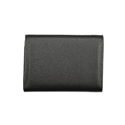 Mario Valentino Black Polyethylene Wallet with 3 compartments, coin purse, card spaces, and logo, made from recycled materials.