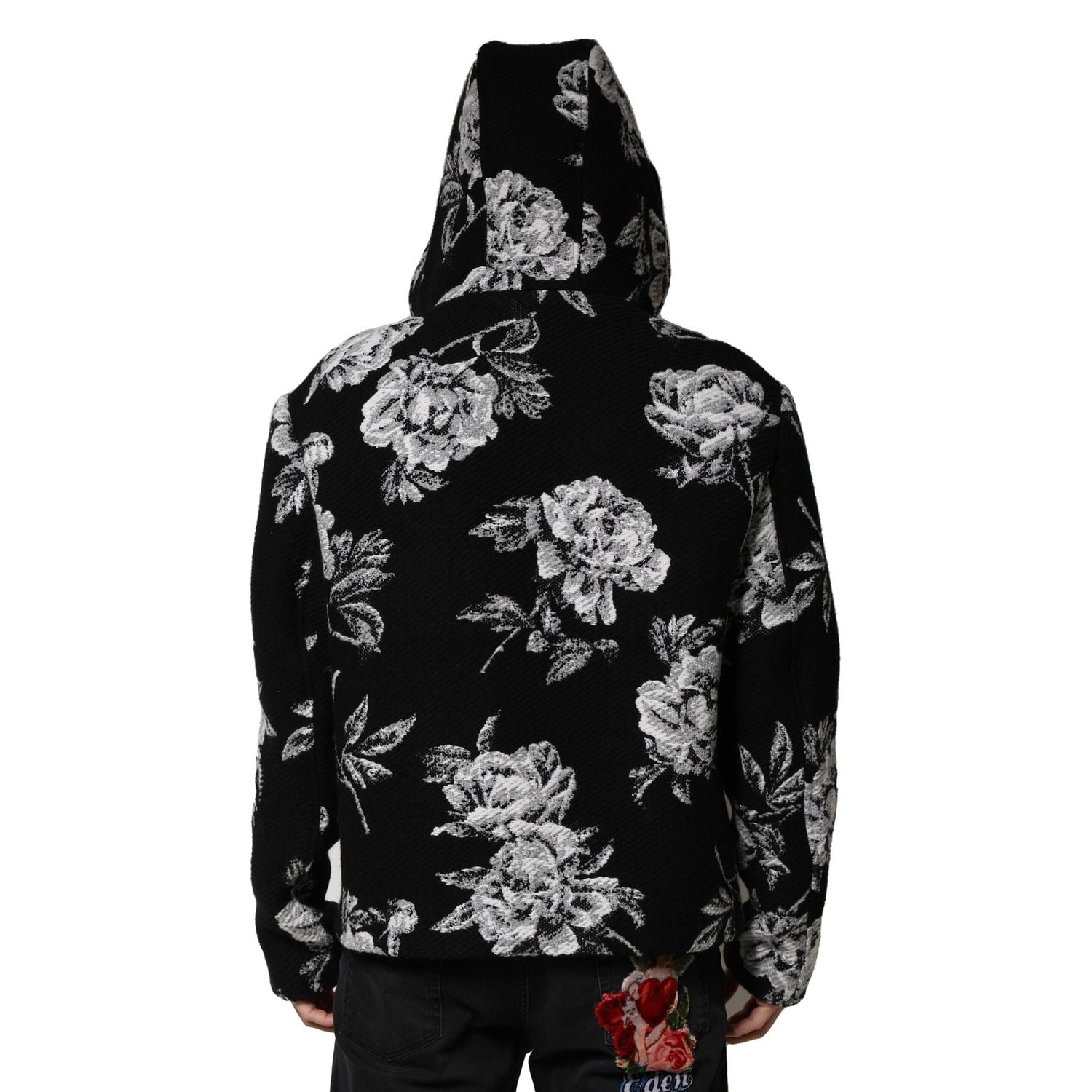 Dolce & Gabbana Black Wool Floral Printed Men Hooded Jacket