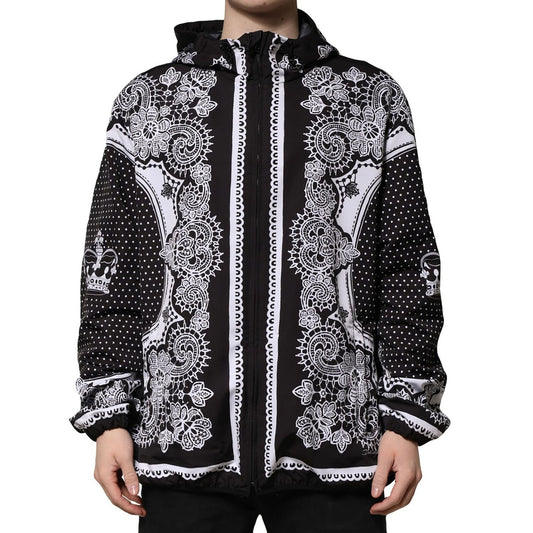 Dolce & Gabbana Black Bandana Print Hooded Bomber Jacket