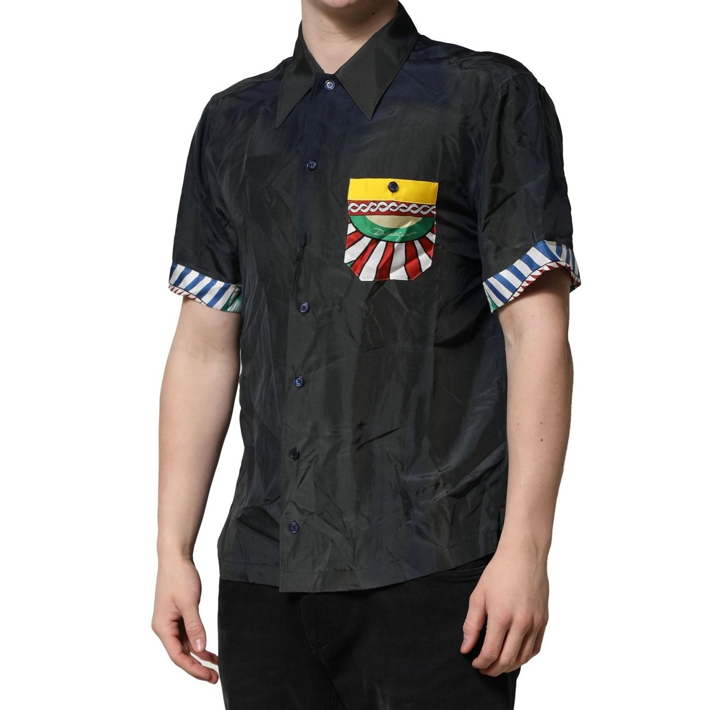 Dolce & Gabbana Black Silk Short Sleeves Men Casual Shirt TSH90655-38