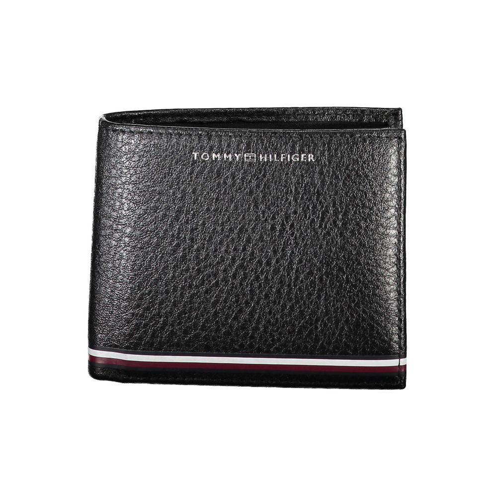 Tommy Hilfiger Black Leather Men Wallet with iconic logo and sleek design, featuring dual compartments and coin purse.