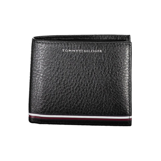 Tommy Hilfiger Black Leather Men Wallet with iconic logo and sleek design, featuring dual compartments and coin purse.