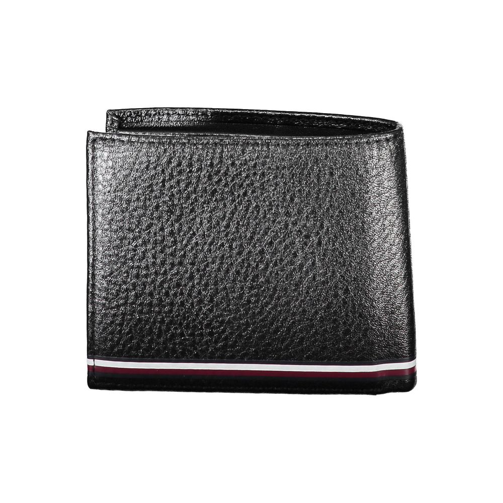 Tommy Hilfiger Black Leather Men Wallet with sleek design and iconic logo, featuring dual compartments and card slots.