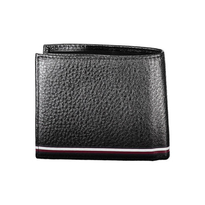 Tommy Hilfiger Black Leather Men Wallet with sleek design and iconic logo, featuring dual compartments and card slots.