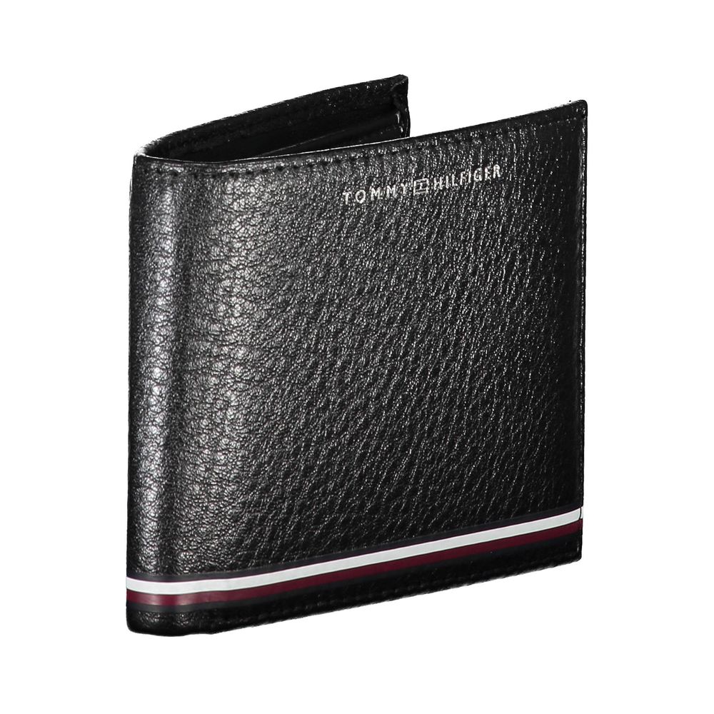 Tommy Hilfiger Black Leather Men Wallet with sleek design and iconic logo, featuring dual compartments and a practical coin purse.