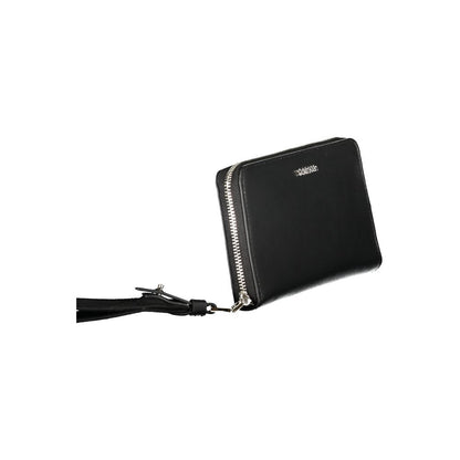 Calvin Klein Black Polyethylene Wallet with zip closure, 5 compartments, card slots, and logo.