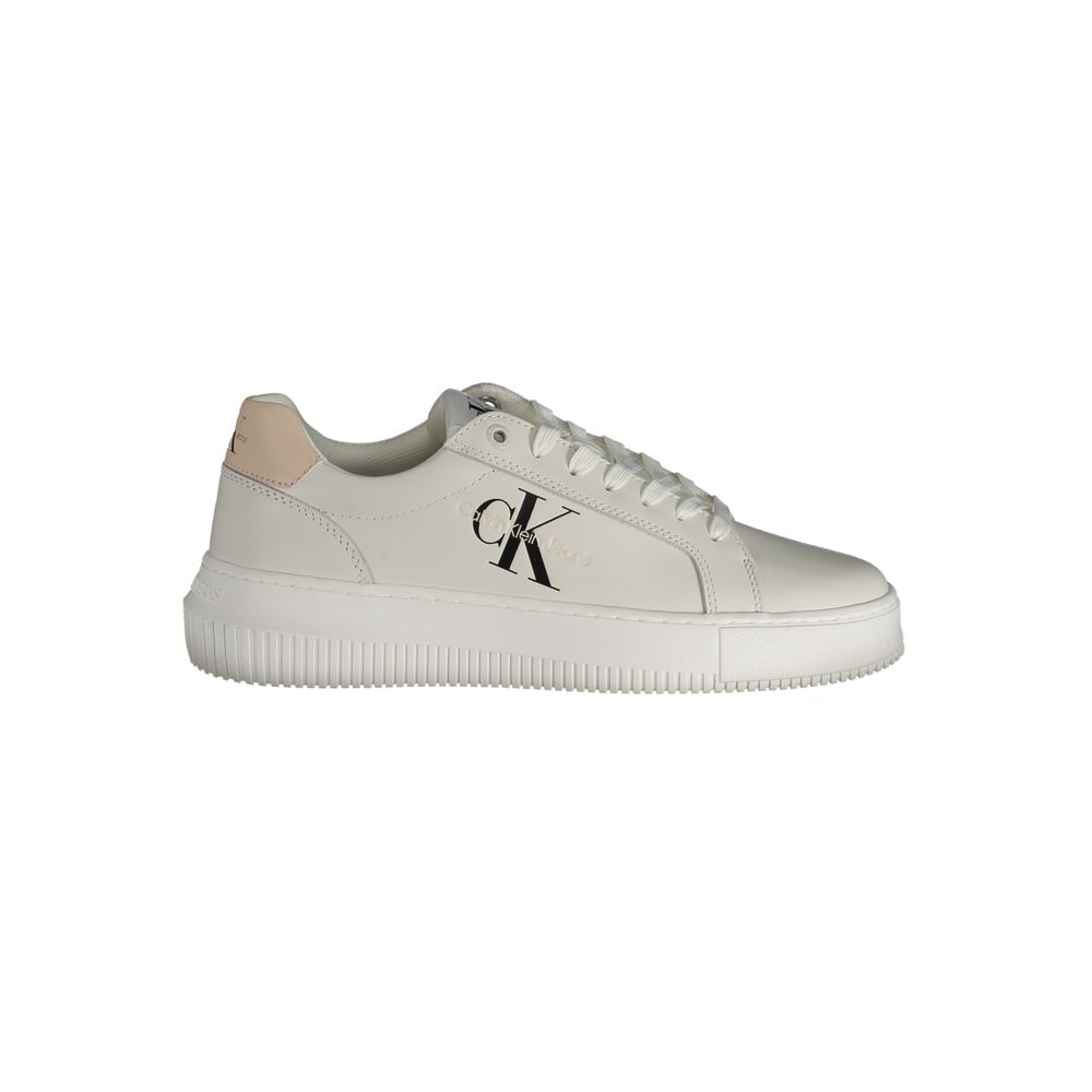 Calvin Klein White Polyester Sneaker with logo, lace-up design, contrast details, 50% recycled polyester.