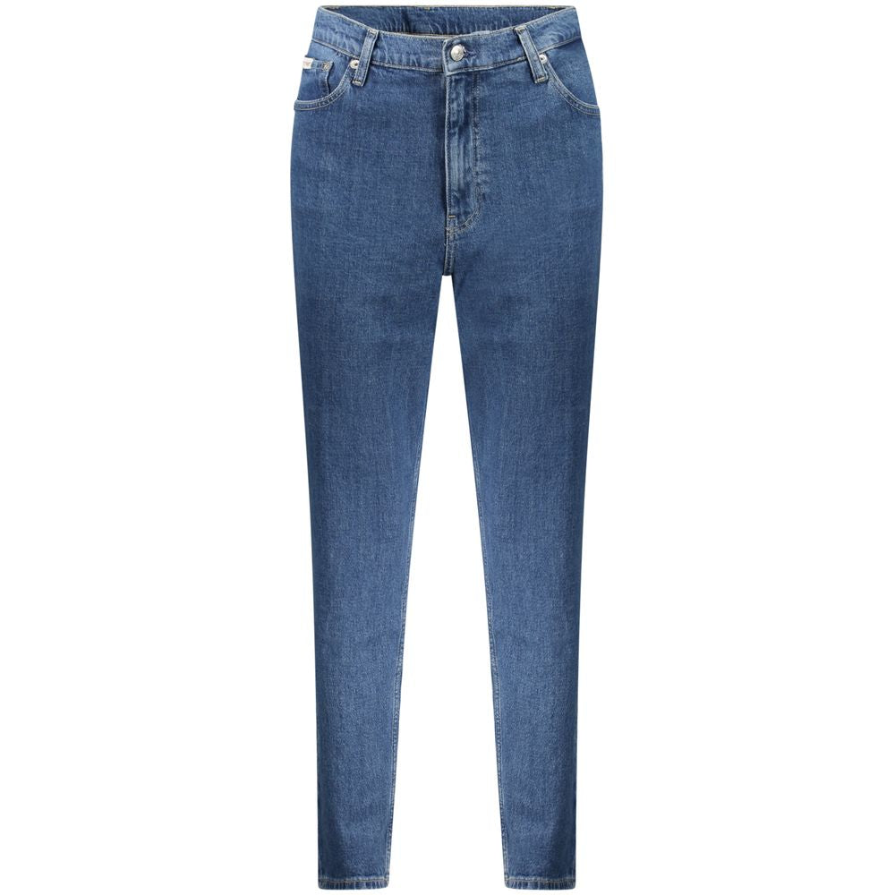 Calvin Klein Blue Cotton Women Jeans showcasing sustainable fashion with recycled cotton and iconic logo, classic five-pocket design.