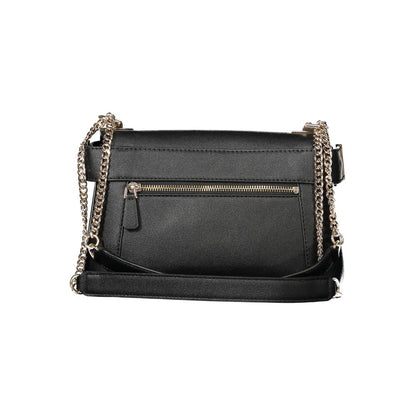Guess Jeans Black Polyethylene Women Handbag with chain shoulder handles and external zip pocket for style and practicality.
