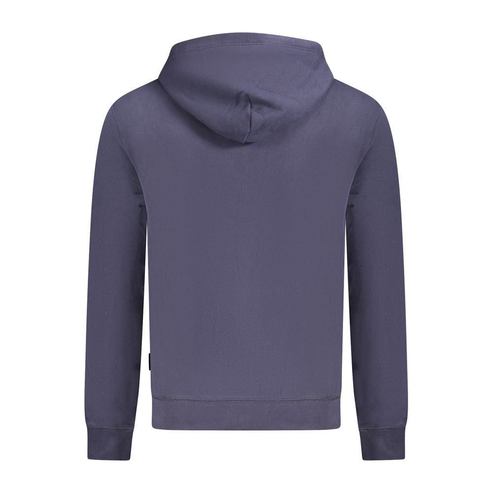 Back view of Napapijri Blue Cotton Men Sweater with hood, showcasing the casual cool style and iconic design.
