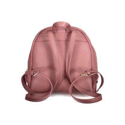 Mario Valentino Pink Polyethylene Backpack with adjustable straps, external pocket, and zip closure, view from the back.