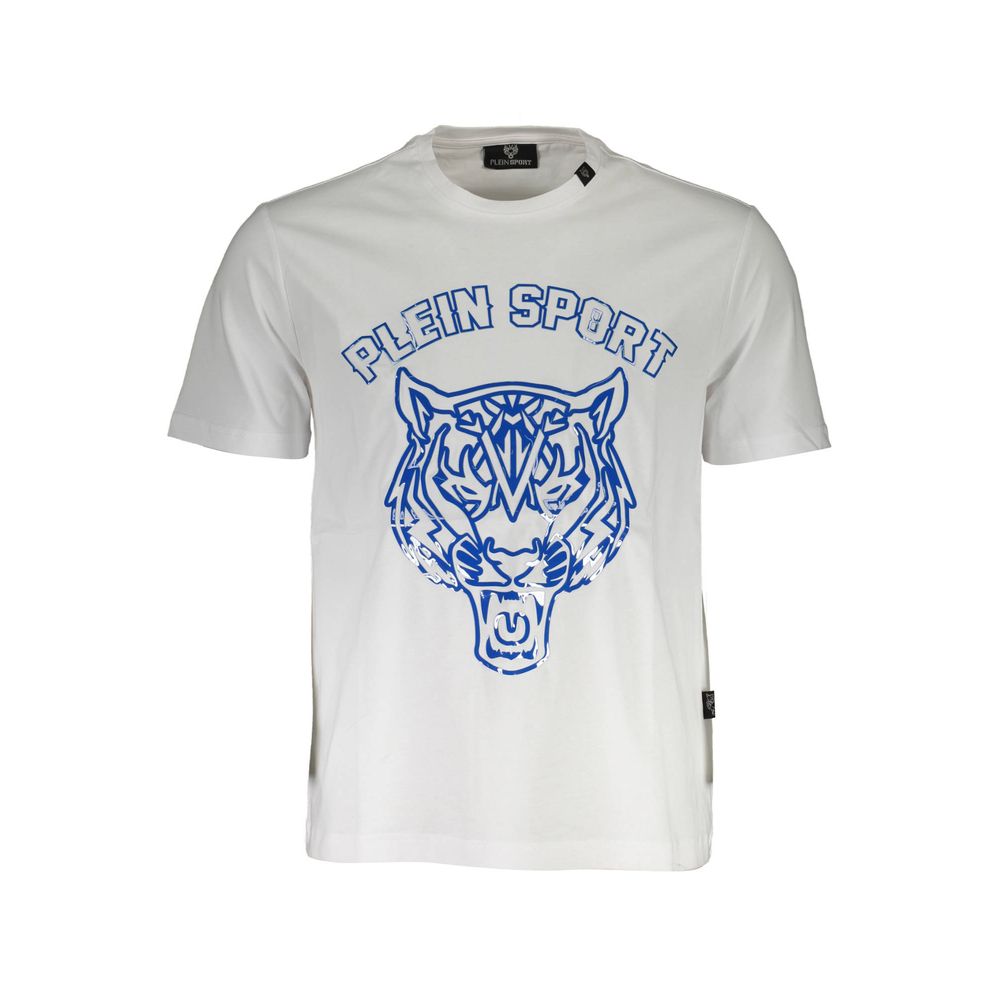 Plein Sport White Cotton Men T-Shirt featuring bold blue tiger print and logo, short sleeves, and crew neck design for athletic style and comfort.